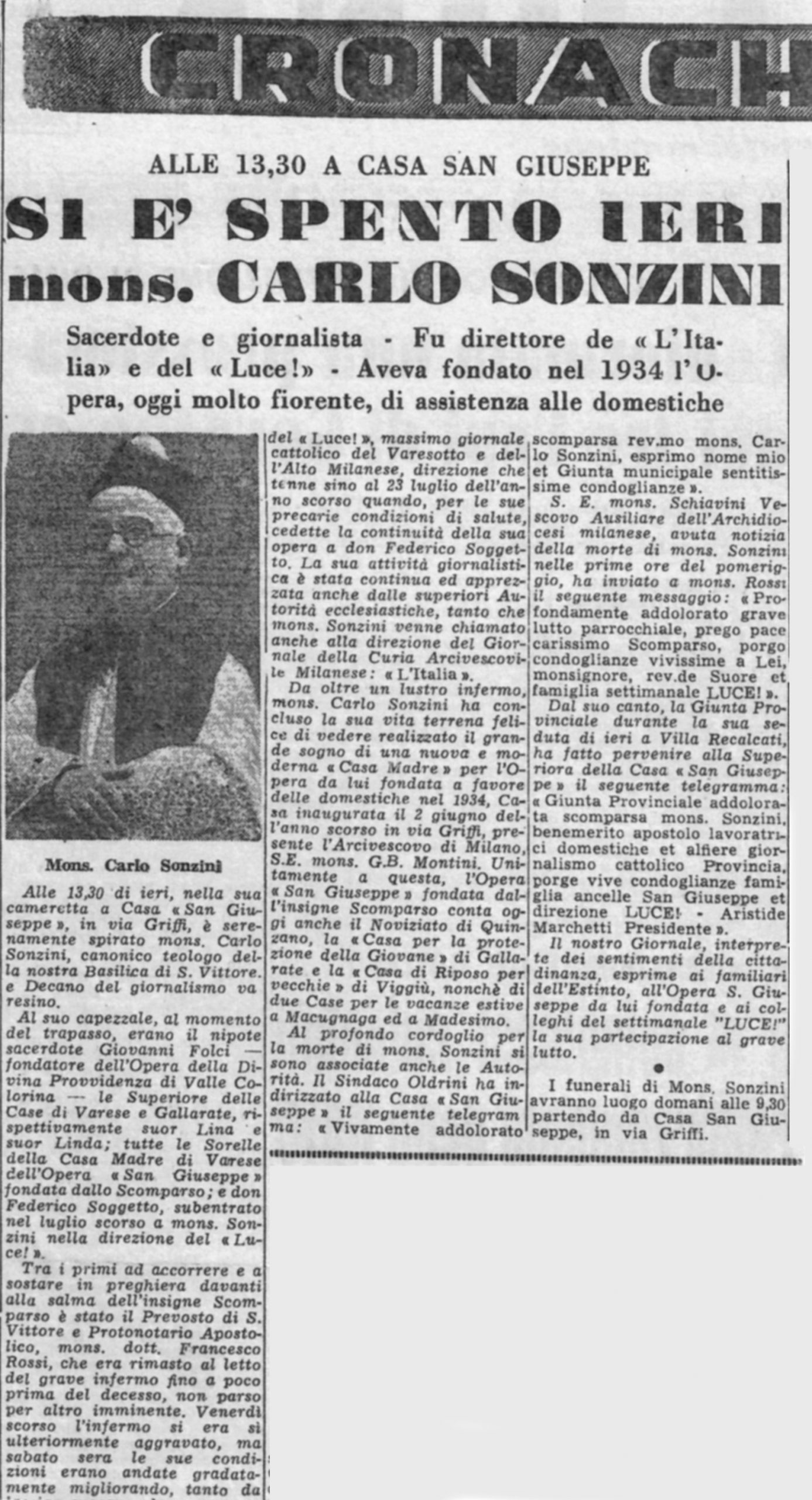 La Prealpina - 5 febbraio 1957 - Si è spento ieri mons. Carlo Sonzini