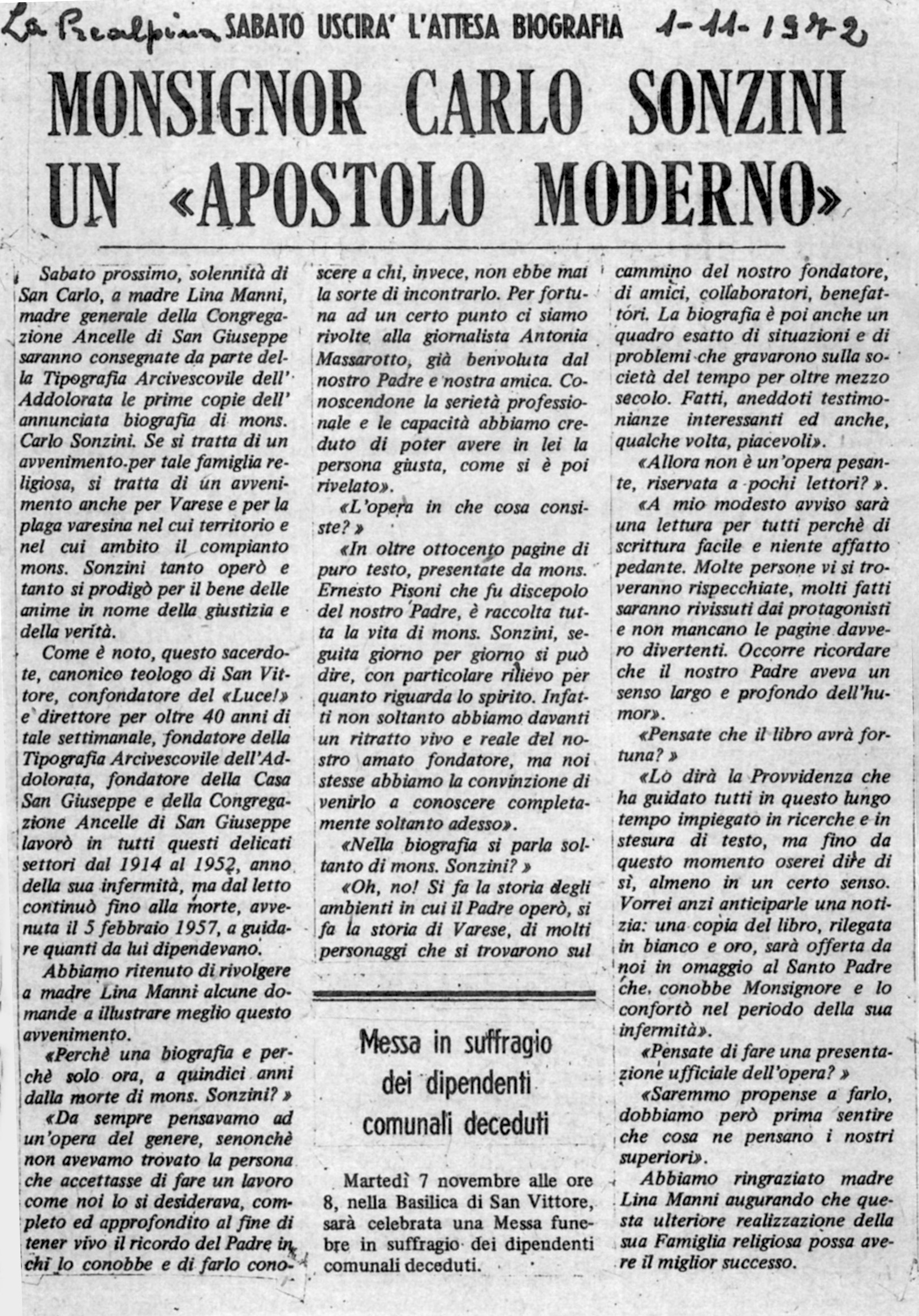 La Prealpina - 1 novembre 1972 - Un Apostolo moderno
