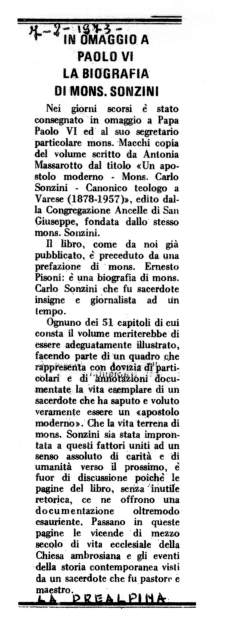 La Prealpina - 7 febbraio 1973 - In omaggio a Paolo VI la biografia di mons. Sonzini